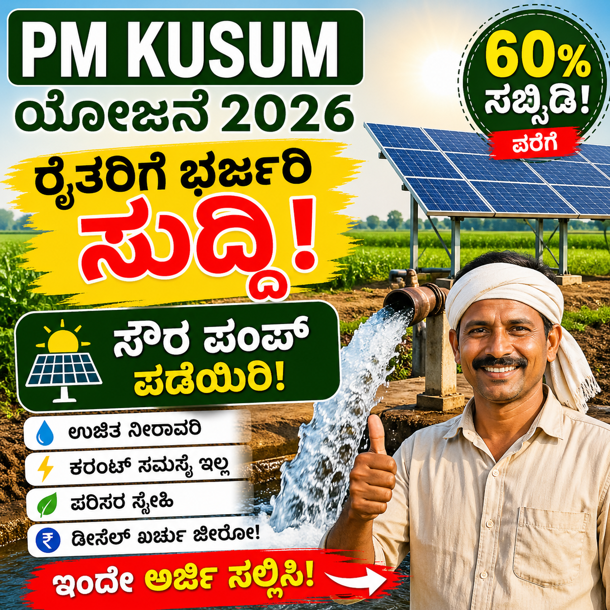 PM KUSUM ಯೋಜನೆ 2026: ರೈತರಿಗೆ 60% ಸಬ್ಸಿಡಿ! ಸೌರ ಪಂಪ್ ಅಳವಡಿಸಿ ಉಚಿತ ನೀರಾವರಿ ಪಡೆಯಿರಿ